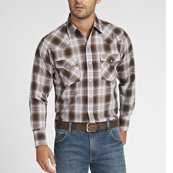 Ely Cattleman Mens Brown Plaid Snap Button Shirt - Picture 9 of 9